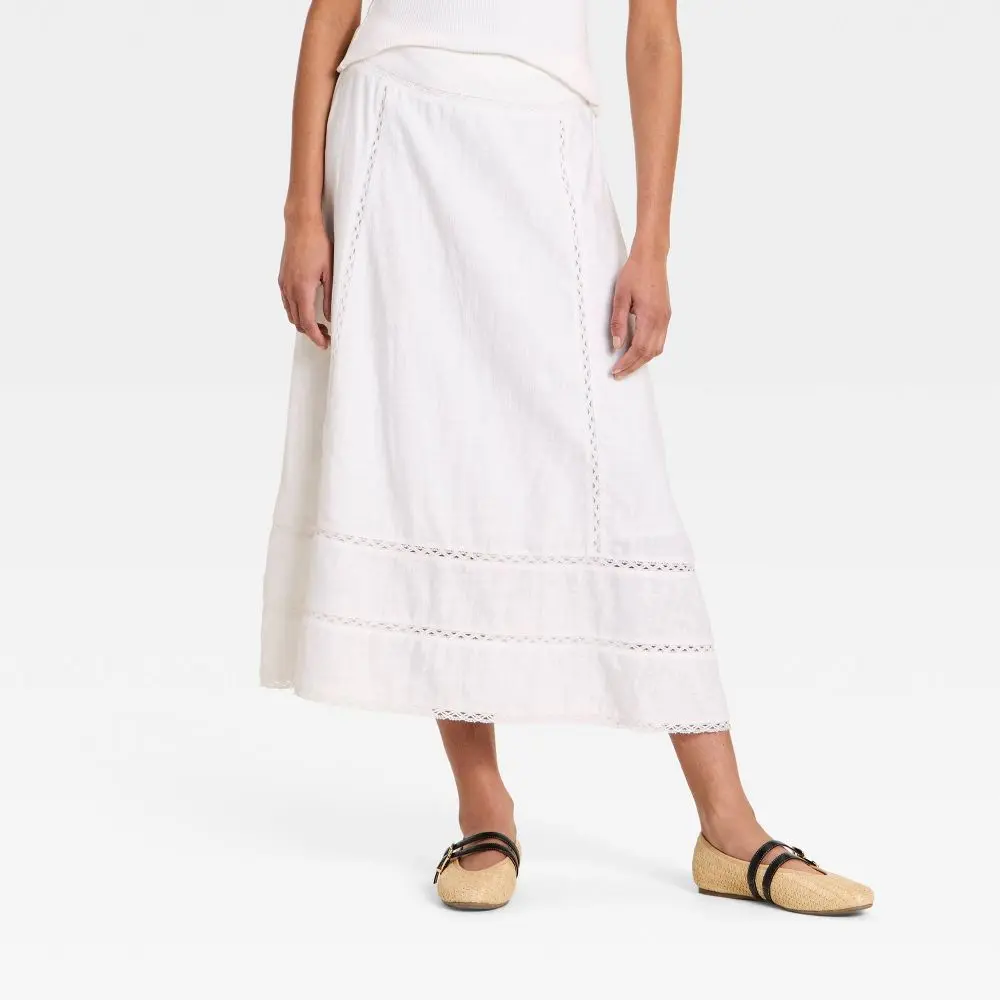 Women's Cutwork Cotton Fabric Midi Full Pantskirt - Zipper Closure, Stylish Garment, Universal Fit, Style