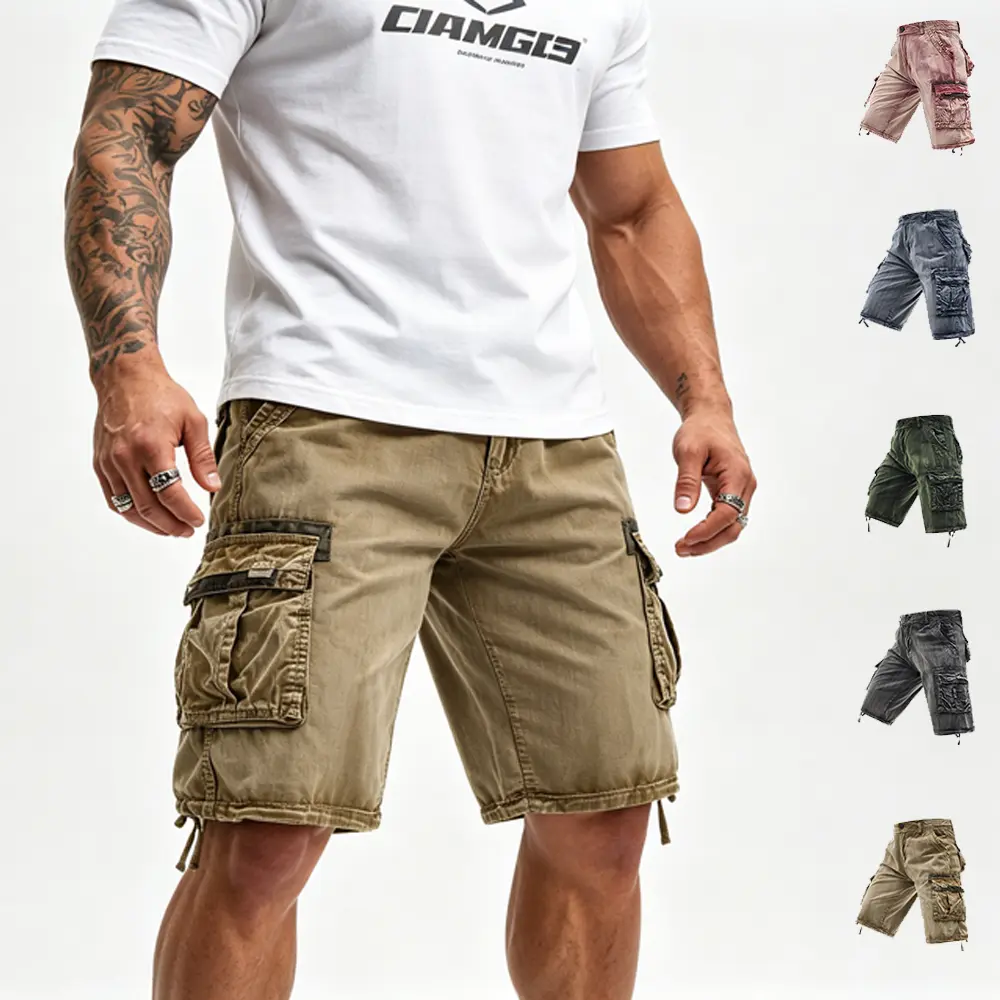 Men's Pure Cotton Cargo Shorts - Menswear, Summer, Washed Look, Distressed, Straight Cut, Knee-Length, Breathable, Durable, New Arrival, Multiple Pockets, Fitted Cut