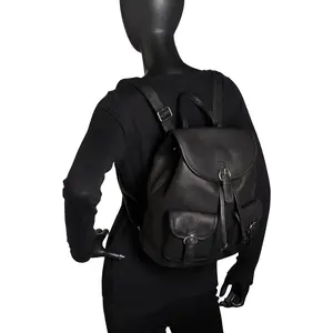 360 Stand Adjustable Full Grain Leather Small Travel Backpack - 2-Pocket Design with Magnetic Snaps (Model 3156-BLK), Adjustable Backpack