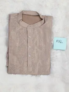 Men’s Brownish Beige Silk Cotton Kurta – Size XXL | Self Thread Embroidered Lined Kurta