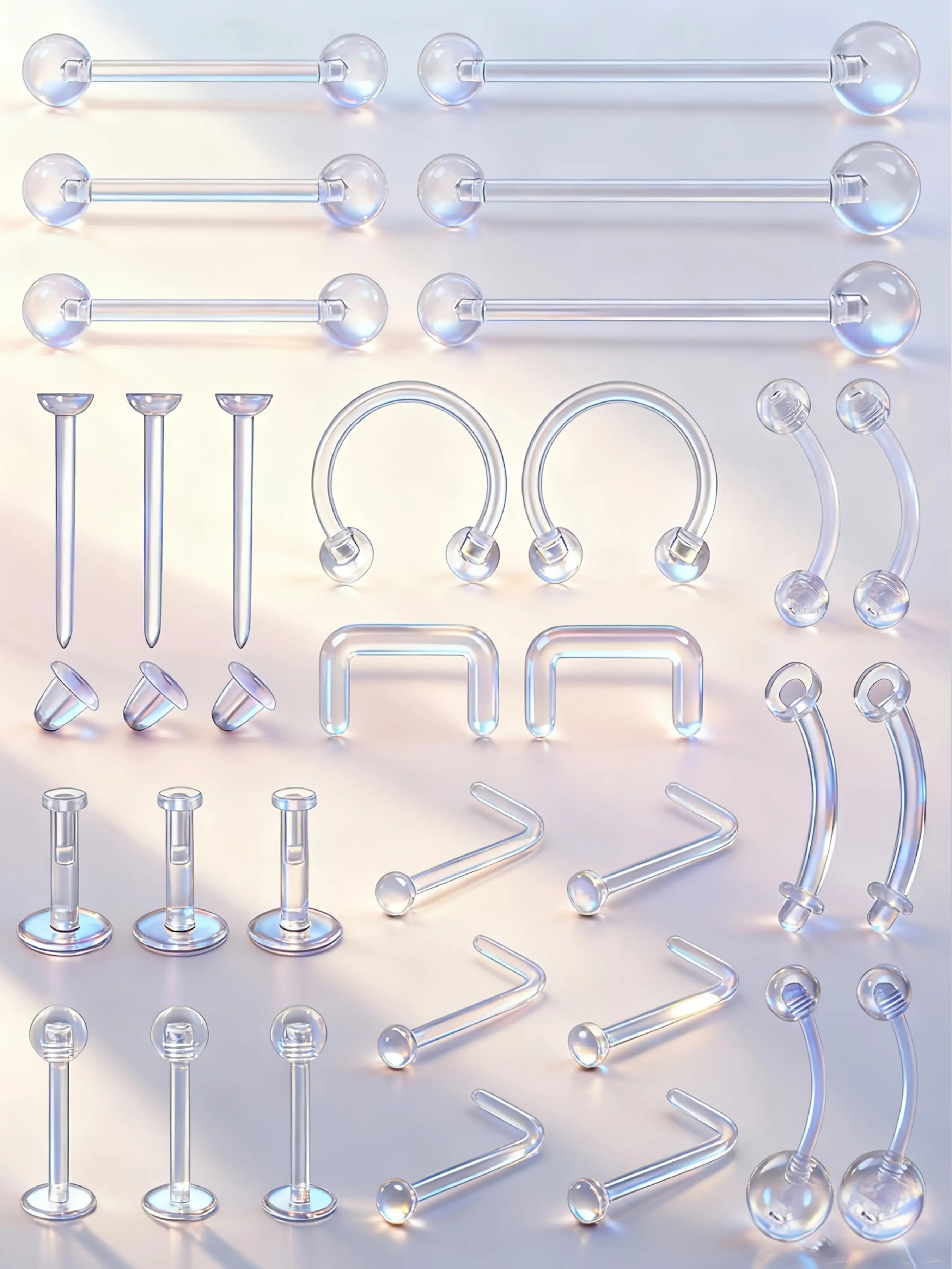 31pcs Clear Piercing Retainers, Bioflex Nose Rings, Belly Rings, Septum, Eyebrow, Lip, Cartilage, Tragus, Earring Retainers, Nose Piercings Kit, Body Piercing Jewelry