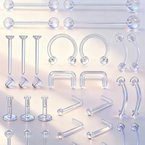 31pcs Clear Piercing Retainers, Bioflex Nose Rings, Belly Rings, Septum, Eyebrow, Lip, Cartilage, Tragus, Earring Retainers, Nose Piercings Kit, Body Piercing Jewelry, Piercing Party Pack
