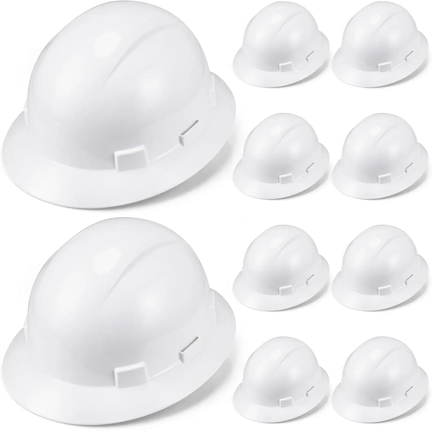10-Pack White Full Brim Hard Hat, HDPE Safety Helmet with 6-Point Adjustable Ratchet Suspension, ANSI Z89.1 Type I Class E Protective Equipment for Construction Workers