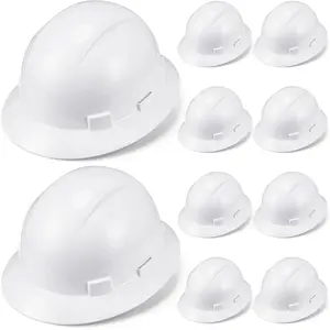 10 Pack Full Brim Hard Hat, White Construction Hard Hat, HDPE Safety Helmet with 6-Point Adjustable Ratchet Suspension for Men and Women, Meets ANSI Z89.1 Type I Class E Protective Equipment