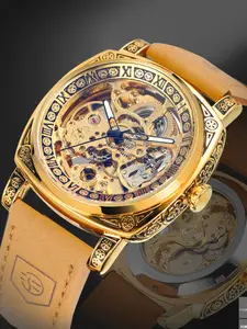 1pc Men's Vintage Luxury Square Skeleton Automatic Mechanical Watch, Luminous Hands, Leather Strap, Business Casual Wristwatch Gift Box Included, Analog Mechanical Watches