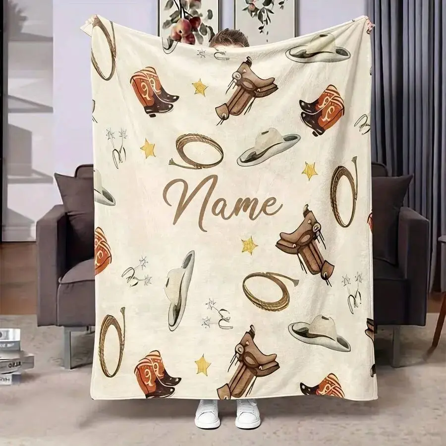 Custom Western Cowboy Flannel Throw Blanket – Personalized boot, hat, and star design; soft flannel texture; wrinkle-resistant; fade-resistant; breathable; soft, cozy, warm home decor for the living room and couch; cowboy-themed birthday gift for toddlers