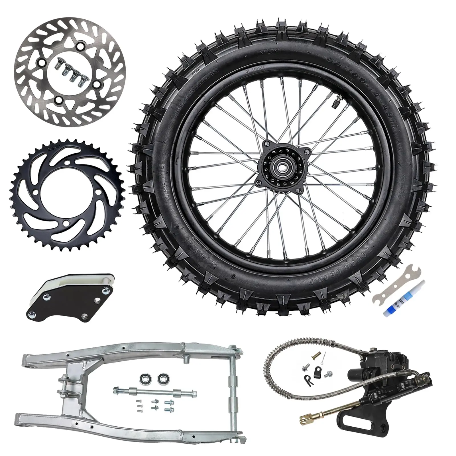 Suisuitong Dirt Bike Rear Swing Arm & Swingarm Guard & 90/100-14 Wheel & Brake Caliper Rotor Assembly & 428 41T Chain Sprocket for Pit Bike Scooter Pocket Trail Bike Offroad Motorcycle 125cc-200cc