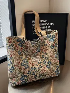 Printed Canvas Handbag Shoulder Bag, Portable Storage Commuter Bag, Large Capacity Student Backpack, Embroidered Flower Crossbody Bag