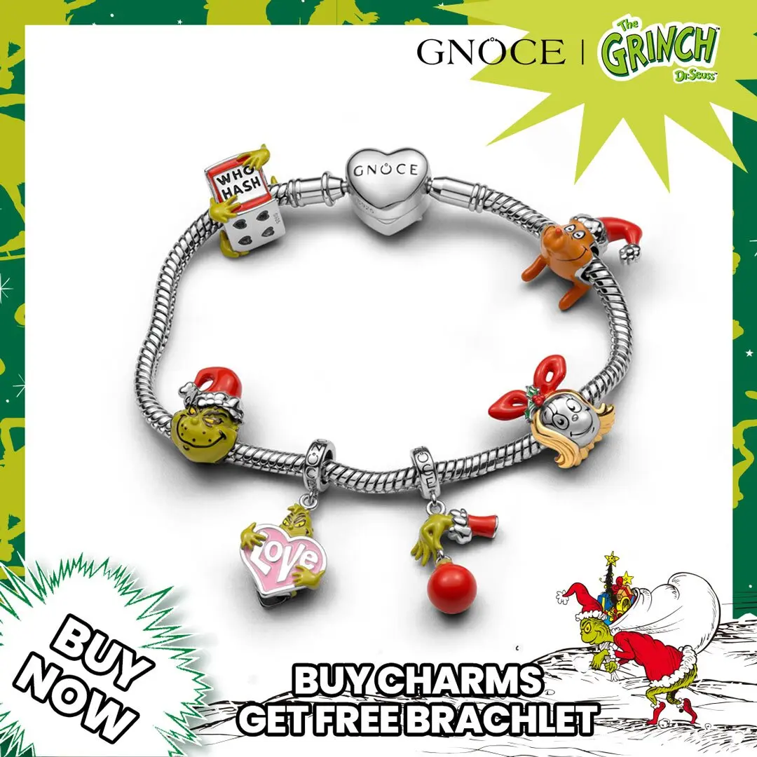 GNOCE Grinch Dangle Charm - S925 Sterling Silver 0.45cm Sparkling Cubic Zirconia Enamel Christmas Ball Pendant, Festive Holiday Bracelet Jewelry Accessory, Festive Holiday Jewelry, Durability
