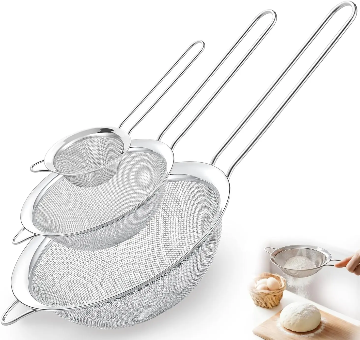 Stainless Steel Fine Mesh Strainer Set (3-Piece: 2.2in, 3.9in, 5.5in) with Handles, Mini-Small-Medium Sifters for Kitchen Sifting, Straining, Tea Filtering