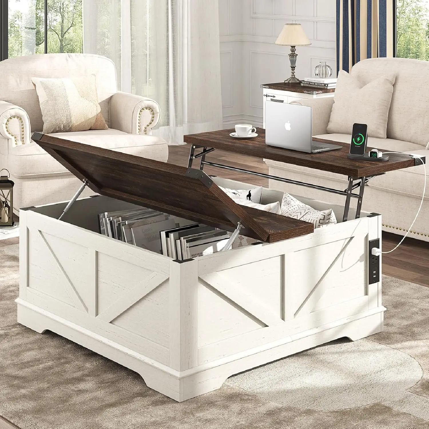 Farmhouse Lift Top Coffee Table 40" with Power Outlets Large Hidden Storage Square Design Multi-Function Lift Wooden Barn Door Center Table Home Furniture 40"x40" Size Premium Quality Sturdy Design Easy Assembly