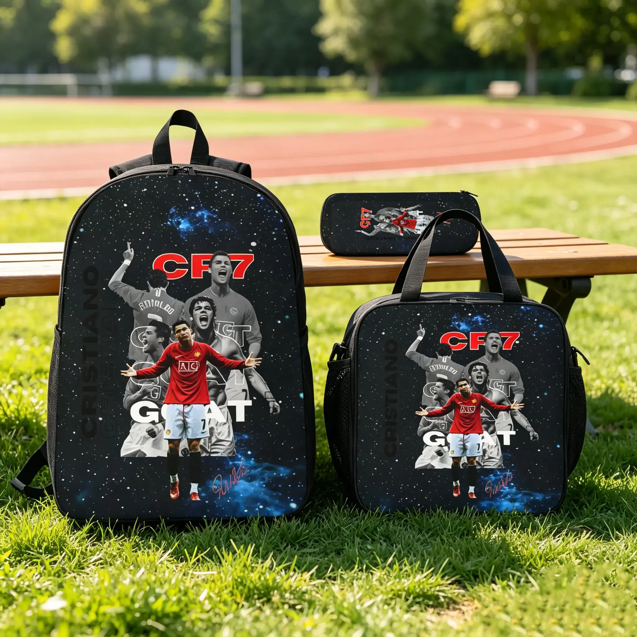 Cristiano Ronaldo CR7 Manchester United 3-Piece School Supply Set with Galaxy Print Backpack Insulated Lunch Bag & Pencil Pouch for Soccer Fans