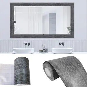 32.8Ft (10M) 3.97in Removable Peel and Stick Dark Gray Wood Grain Wallpaper Border, Waterproof PVC Wall Sticker for Bathroom Mirror Frame Wall Decor