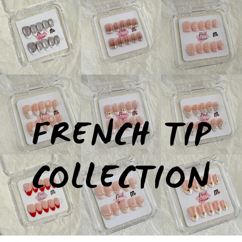 NailHaven| French Tip Collection| Press-On Nails - 10 Pcs Handmade Acrylic Nails with Cute Designs, Short Nails, and Nail Art, High Quality, Reusable