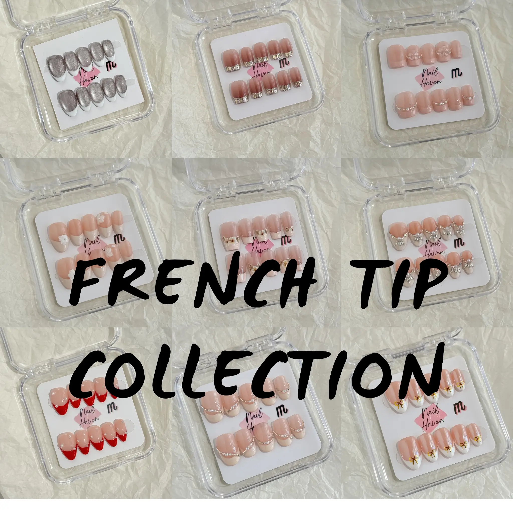 NailHaven｜ French Tip Collection｜ Press-On Nails - 10 Pcs Handmade Acrylic Nails with Cute Designs, Short Nails, and Nail Art, High Quality, Reusable