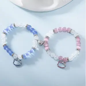 2Pcs Hello Cat Matching Bracelets Charming Bracelets Heart Magnetic Matching Lover Couple BFF Bracelets Girts Festival Charming Girts