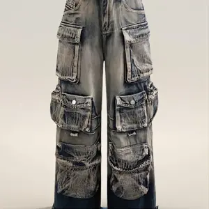 Trendy Micas Vintage Style Women's High Waisted Cargo Pants – Comfy Cotton Wide Leg 90s Streetwear with Ample Pockets for Casual Weekends Jean Womenswear Baggy Retro Denim Bottom