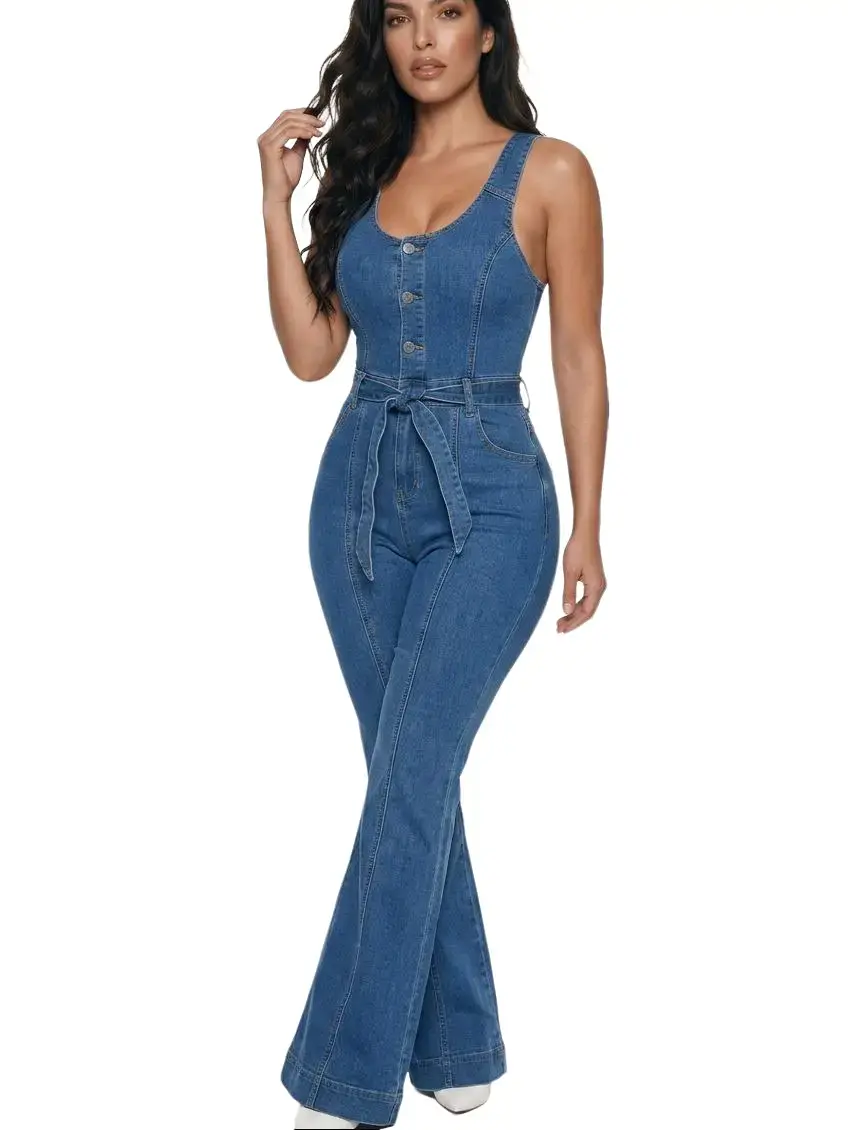 Premium High-Stretch Denim Jumpsuit – Figure-Hugging Flare Leg Overall