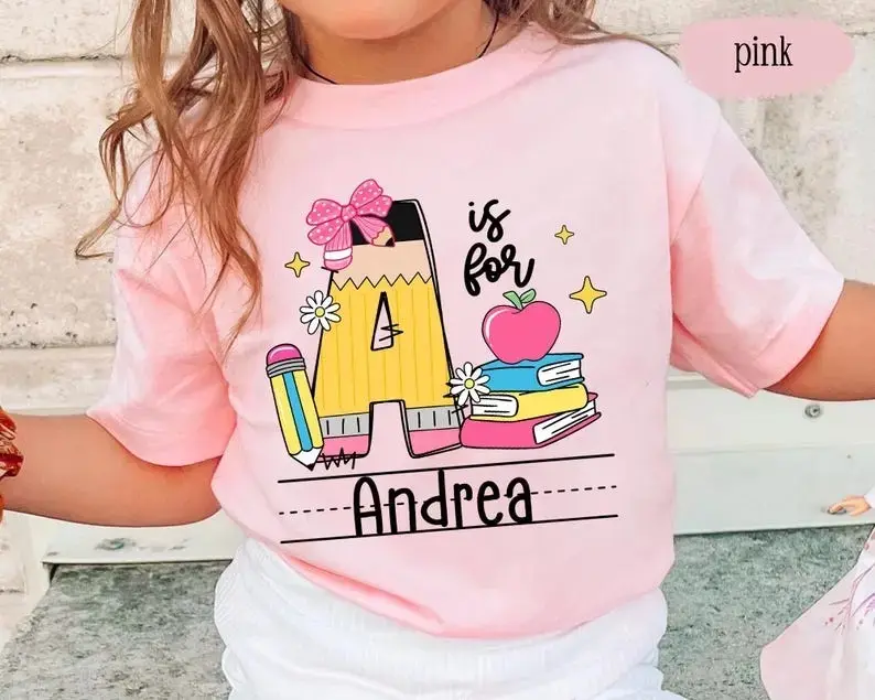 Youth Personalized Alphabet Name Letter T-Shirt, Custom Kids Name School Shirt, Pencil Name Back to School Shirt, Toddler First Day of School Tee Apparel Made In The USA - TrendyGiftUSA