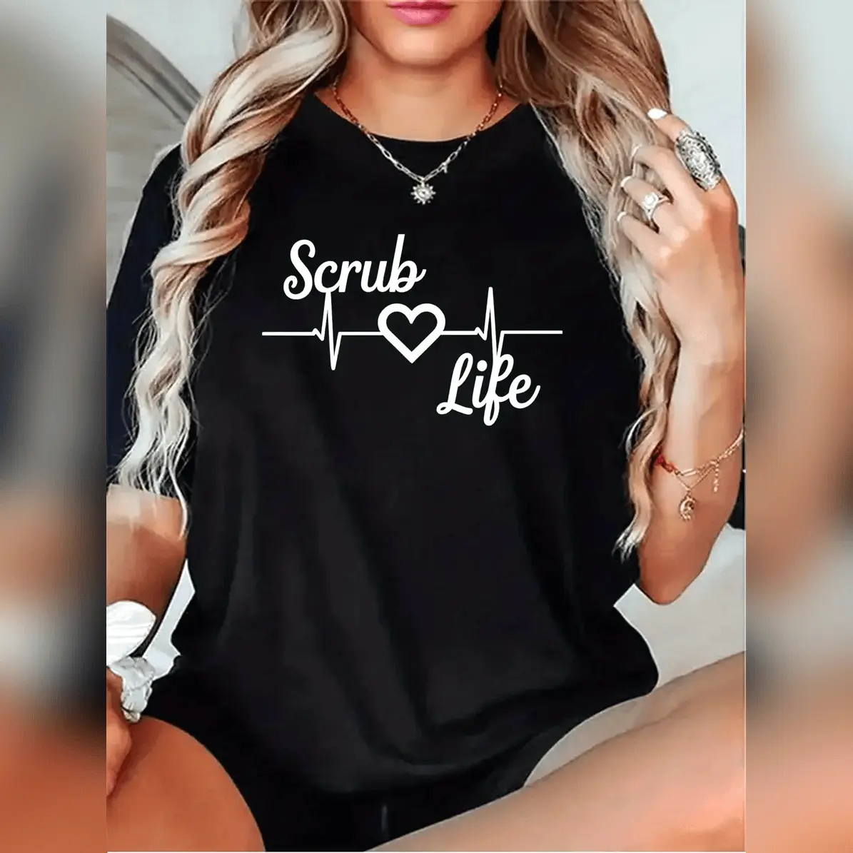 Scrub Life Women's Scrubs T-Shirt - Short Sleeve Round Neck Casual Top With Heartbeat & Love In Medicine Print Caring S All-Season Cotton T-Shirt