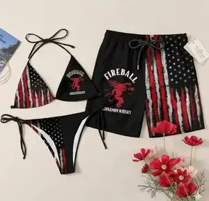 Fireball American Flag Couple Swimwear – Matching Bikini & Men’s Swim Shorts, Patriotic His & Hers 4th of July Beach Vacation Swimsuits
