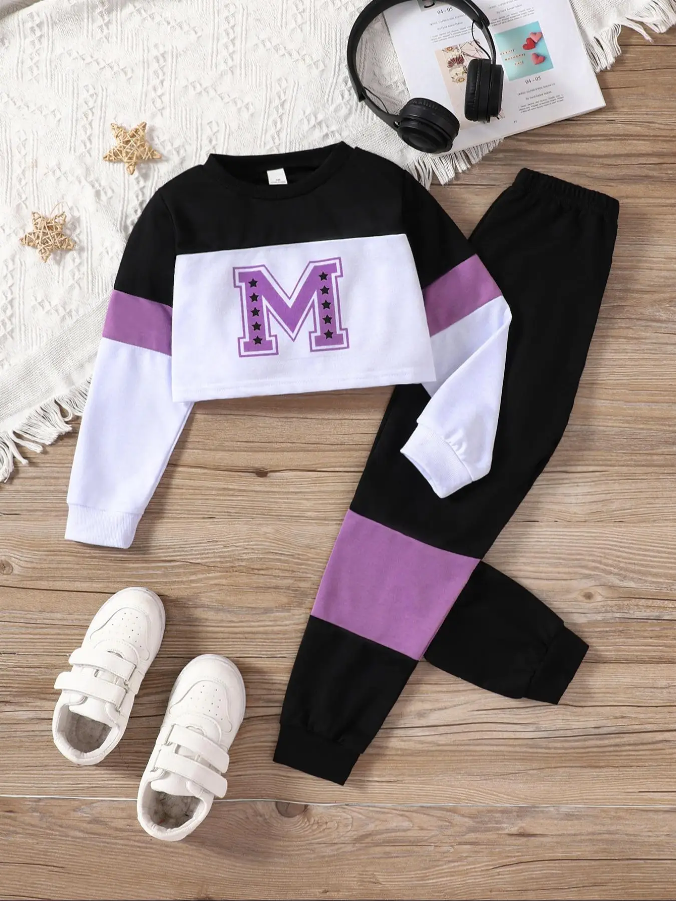 Two-piece Set Toddler Girl's Letter Print Patchwork Colorblock Drop Shoulder Sweatshirt & Elastic Waist Sweatpants Set, Casual Fashion Cozy Outfits fo