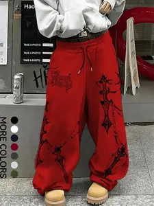 Men's Gothic Chain Cross Long Pants, Loose Fit, Complex Print and Chain Decor, Punk Gothic Casual Streetwear Street Style, Spring & Fall