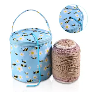 DIY Hand Knitting Tools Crochet Thread Storage Bag with Cute Bee & Flower Prints Lightweight Durable Fabric Portable Travel Organizer for Craft Lovers Wool Yarn Decorative Box - Handicraft