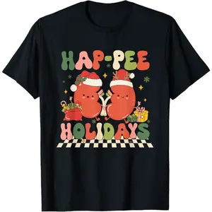 Retro Hap Pee Holidays Christmas Dialysis Nurse Kidney Nurse T-Shirt, 100% Cotton, Single Side Printed, Black Short Sleeve T-shirt, 1 pc, Christmas Halloween Thanksgiving Gift