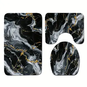 3pcs Black and Golden Faux Marble Pattern Rug Set, 0.8cm Flannel Material, Modern Minimalist Style, Non-Slip Bath Mat, O-Shaped Non-Slip Toilet Seat Cover, Exquisite Home Decor Set