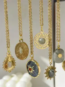 8pcs Grey Natural Stone Pendant Necklace with Golden Sun Charm Vintage Stainless Steel Jewelry Gift for Women Elegant Design Versatile for Casual or Special Events