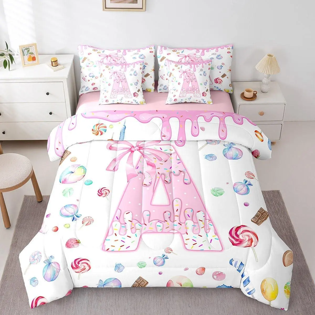 Pink Bowknot 7 Pieces Bedding Set,Personalized Initial A Bed in A Bag Summer Ice Cream Comforter Set with Sheets Rainbow Dessert Bed Set Bedroom Decor 7Pcs