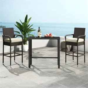 Costoffs Set of 2 Outdoor Bar Stools, All-Weather Rattan Patio Chairs with Cushions, Armrests & Footrests, for Backyard & Poolside, Brown/Beige