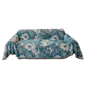 Bohemian-style sofa cover, suitable for 2/3/4-seater sofas, universal L-shaped couch cover, soft cotton yarn material, blue floral pattern, suitable for all seasons, non-slip towel.
