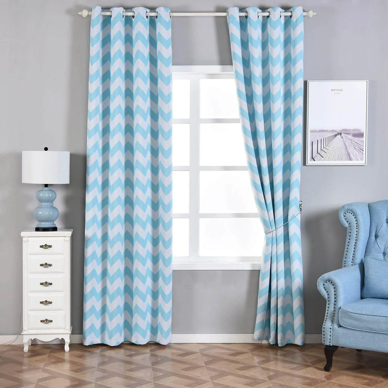 2-Pack Blue and White Chevron Print Black-Out Grommet Curtains, Geometric Noise-Canceling Privacy Panels for Events - 52"x108"