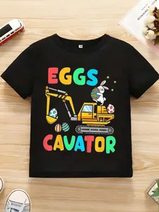 Boys' Easter Excavator & Bunny Graphic T-Shirt - Bold Multicolor EGGS Text with Construction Vehicle Design, Short Sleeve Round Neck Casual Playwear for Spring Celebrations & Everyday Outfits - Soft Comfortable Easter Egg Hunt Party Outfit for