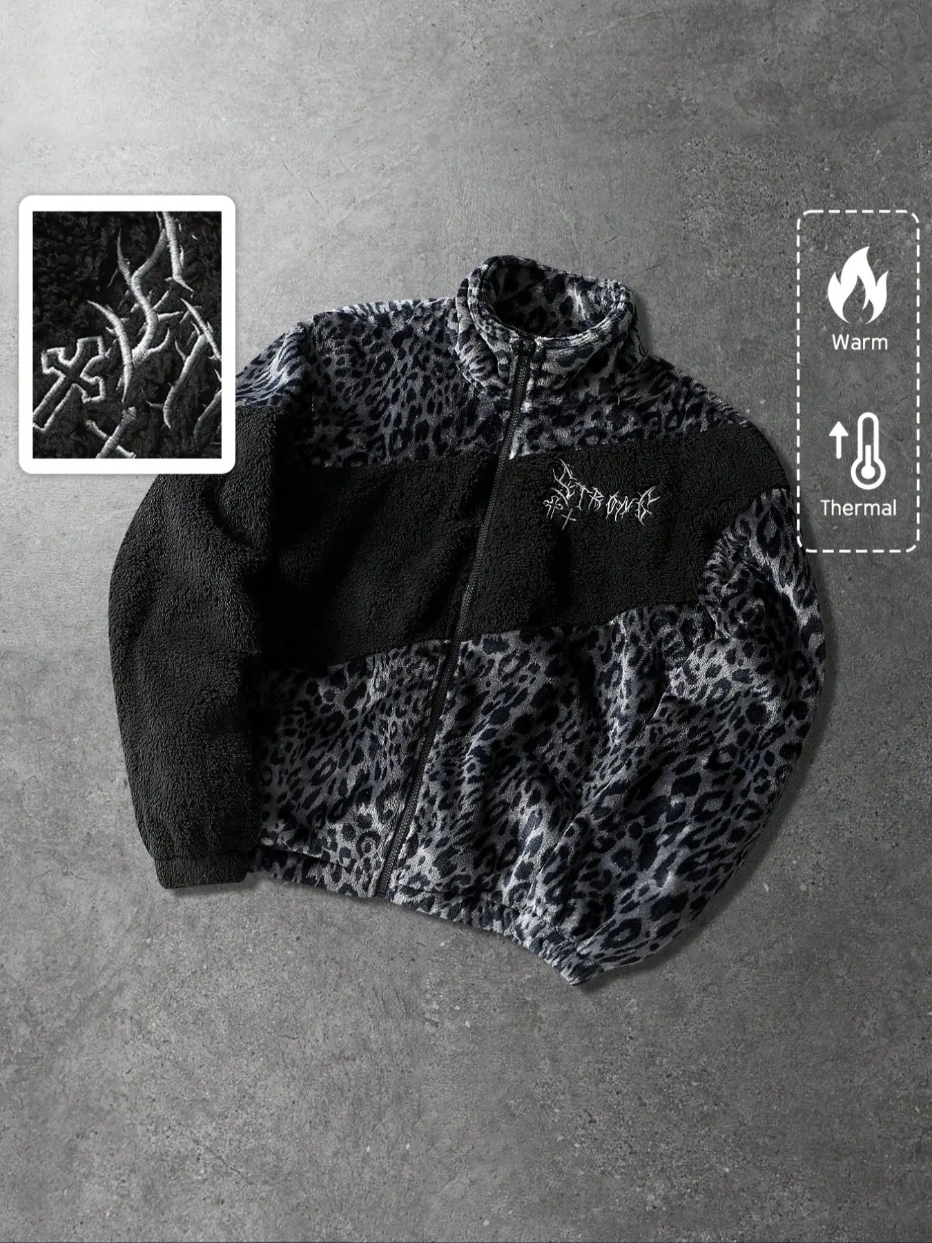 Men's streetwear style unisex leopard print and English lettering patchwork warm inner lining jacket, Jacket Coats autumn/winter style Zip Up Fleece Jackets