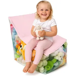 Stuffed Animal Storage Chair for Kids – Plush Toy Organizer Seat, Transparent Stuffed Animal Storage for Bedroom & Playroom, Holds Plush Toys - Pink