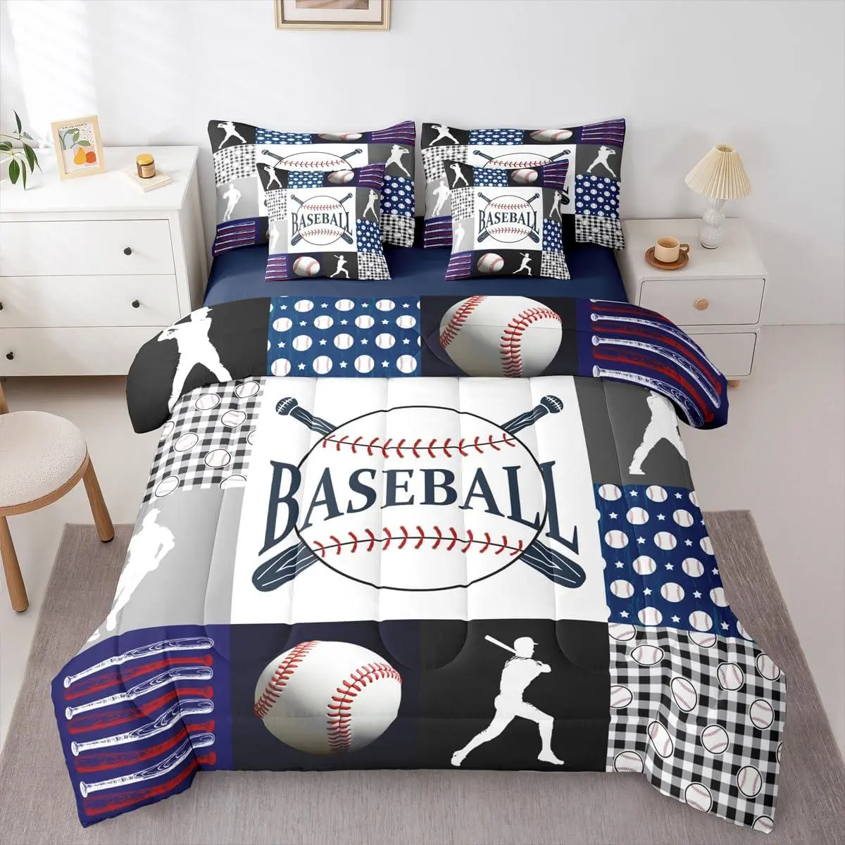 Feelyou 7-Piece Baseball Bedding Comforter Bed Set - Plaid Navy Blue Black White, Includes Sheets, Sports Theme for Boys, Kids Teen Men Bedroom Linens, Bed Comforter Set
