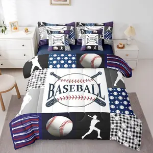Baseball Bedding 7 Piece Comforter Bed Set with Sheets,Boys Sports Baseball Theme Bed Bag,Kids Teen Men,Plaid Navy Blue Black White Bed Set,Bedroom Bed Set