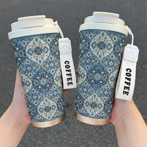 Fashion Patchwork Floral Insulated Cup, 530ML Stainless Steel Vacuum Flask with Straw and Lid, Hot/cold Drinks, Office & Outdoor Use