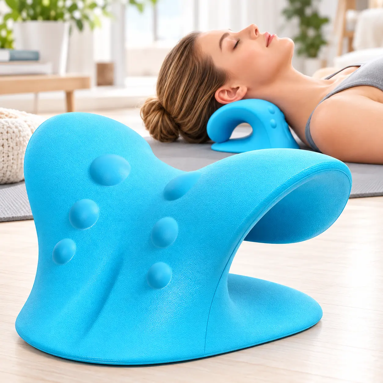 Neck Stretcher Pillow, Ergonomic Neck Support & Neck and Shoulder Relaxer for Office Workers, High-Density Foam Cushion for Daily Stretch & After Work Relaxation, Practical Gift for Coworkers (Blue)