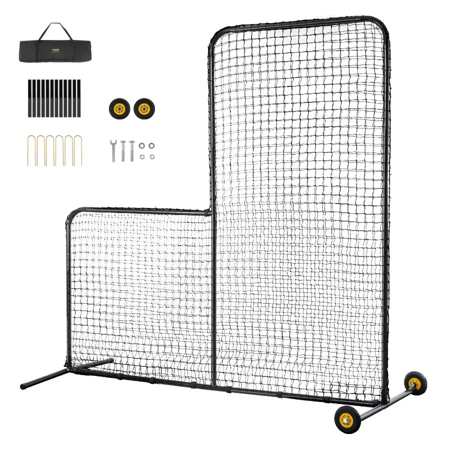fathersdaygift VEVOR L Screen Baseball for Batting Cage, 7x7 ft Softball Safety Screen, Body Protector Portable Batting Screen with Carry Bag, Wheels, Ground Stakes, Heavy Duty Pitching Net for Pitchers Protection