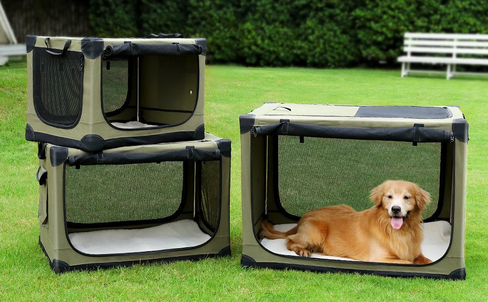 Collapsible Travel Dog Crate for Medium Large Dogs Portable Oxford Cloth 4-Door Foldable Soft Kennel with Chew-Proof Mesh Windows for Indoor & Outdoor Travel with Storage Bag Green - Animal Carrier