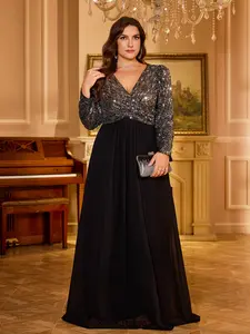 Plus Size V Neck Princess Long Sleeve Ruched Cross Sequin Splice Chiffon Party Evening Gown Dress, Elegant Prom Dresses for Women