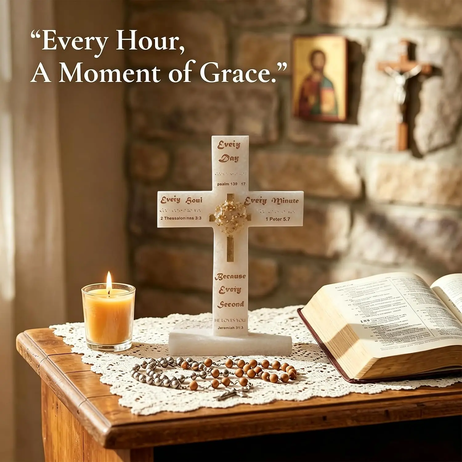 7.1-Inch Marble White Engraved Scripture Resin Christian Cross Decor, Tabletop Display Accent for Quiet Time Spots