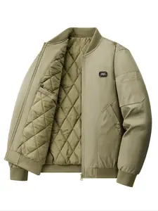 Men's Vintage American Style Bomber Jacket, Fall & Winter Warm Baseball Coat, Trendy Casual Fitted Outerwear, Woven Fabric, Moderate Thickness