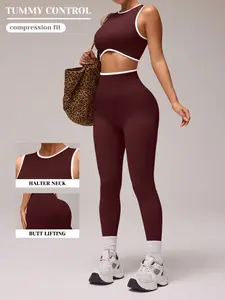 Womens Workout Sets 2 Piece Seamless Crop Tank Top High Waist Leggings Contrast Trim Padded Racerback Bra Yoga Outfits