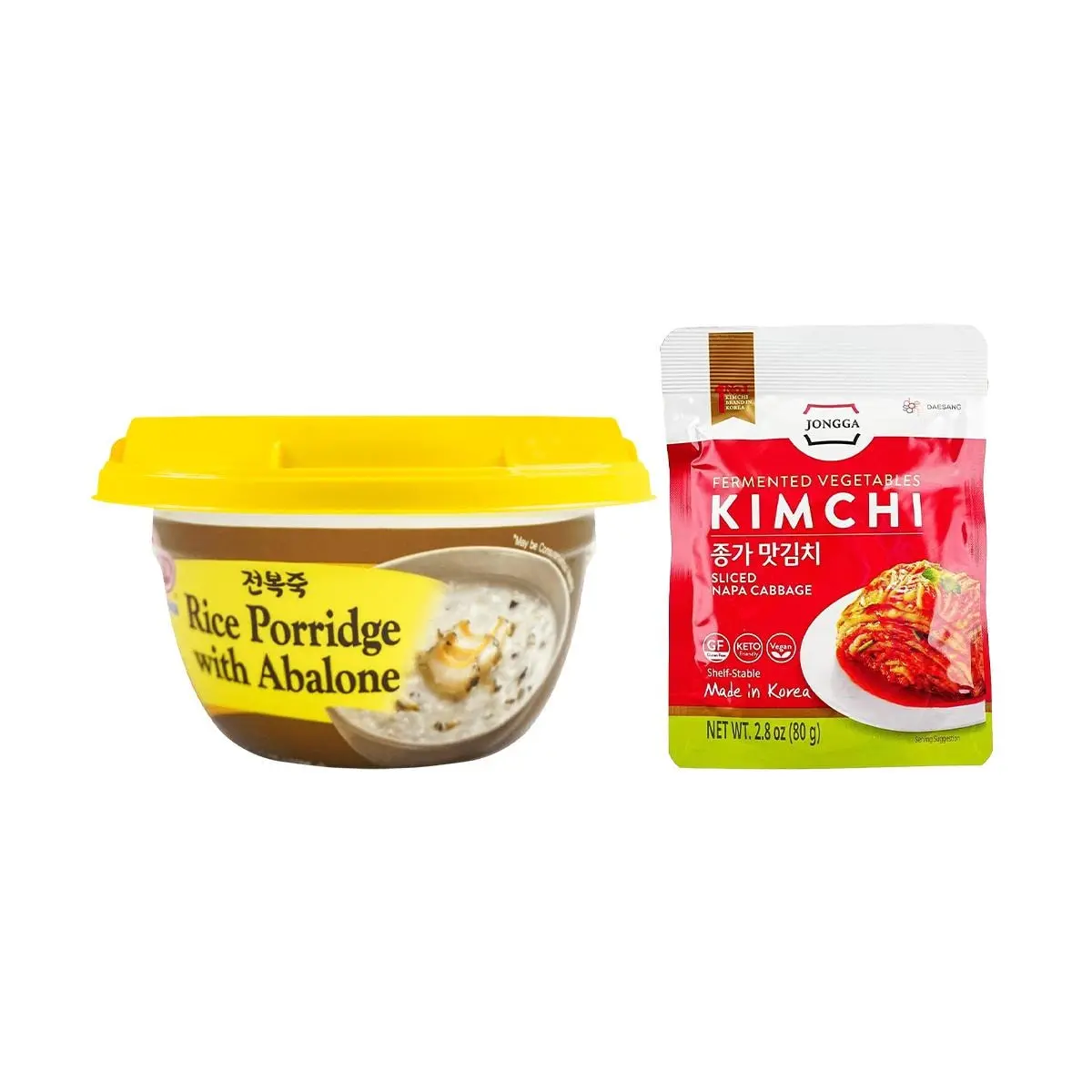 Ottogi Abalone Porridge & Jongga Kimchi - Korean Instant Meal Combo for Breakfast & Late Night Snack