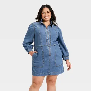 Women's Long Sleeve Zip Front Midi Denim Dress - Universal Thread Medium Wash 4X